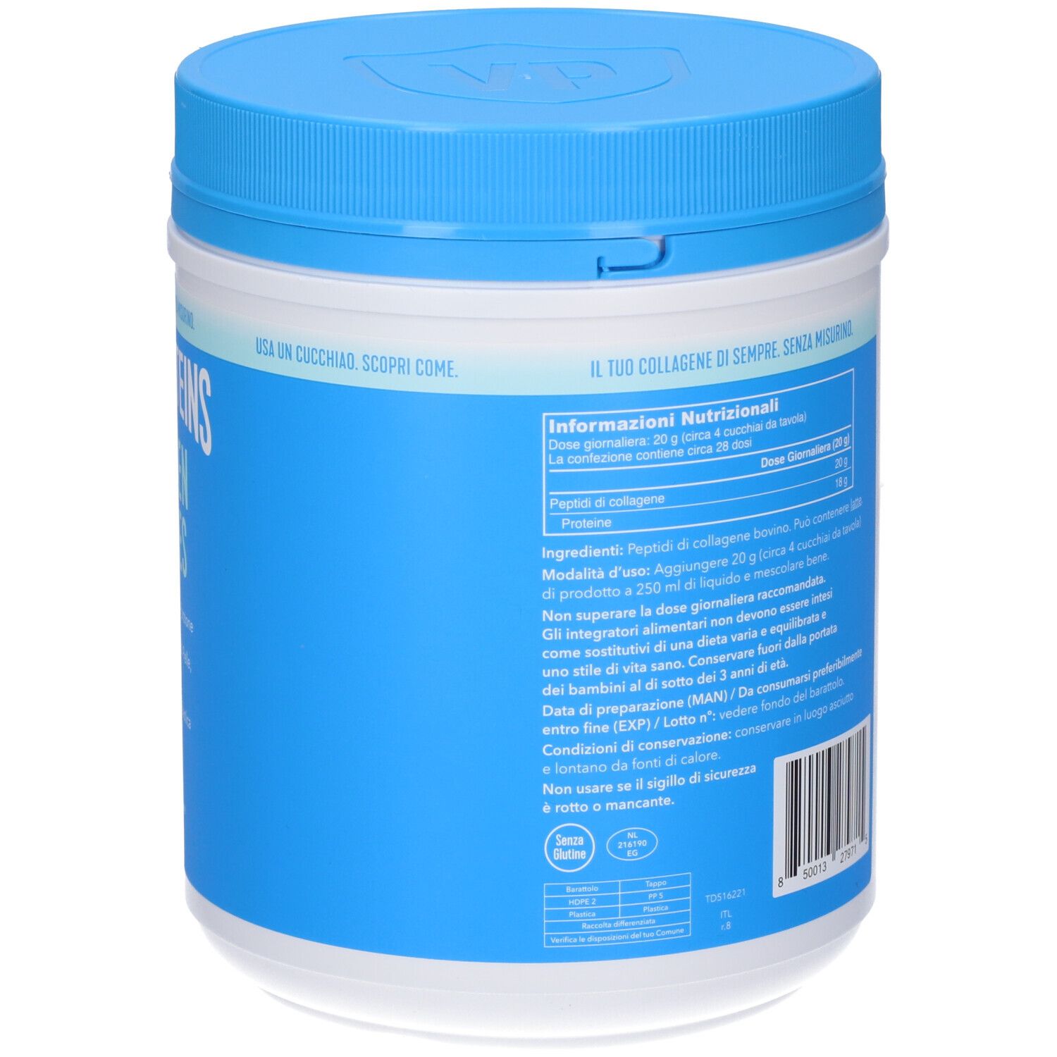 Retro del barattolo "Vital Proteins Collagen Peptides". Contiene informazioni nutrizionali e certificazioni. Blu e bianco.