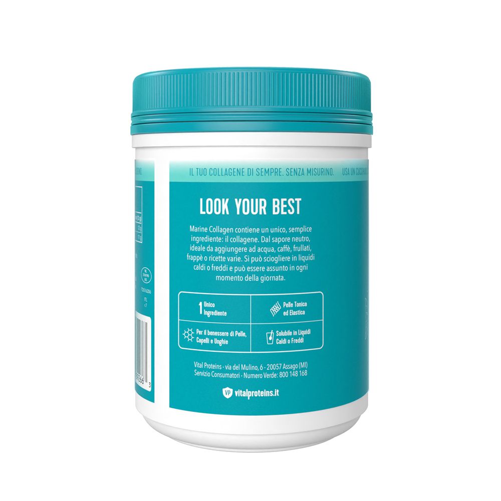 Rückseite der Dose. Text: LOOK YOUR BEST. Marine Collagen enthält einen einzigen Inhaltsstoff.