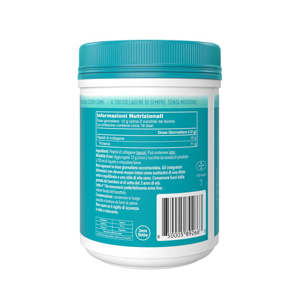 Rückseite der Dose. Text: Informationen zu Nährwerten. Enthält 12g Kollagen pro Portion.
