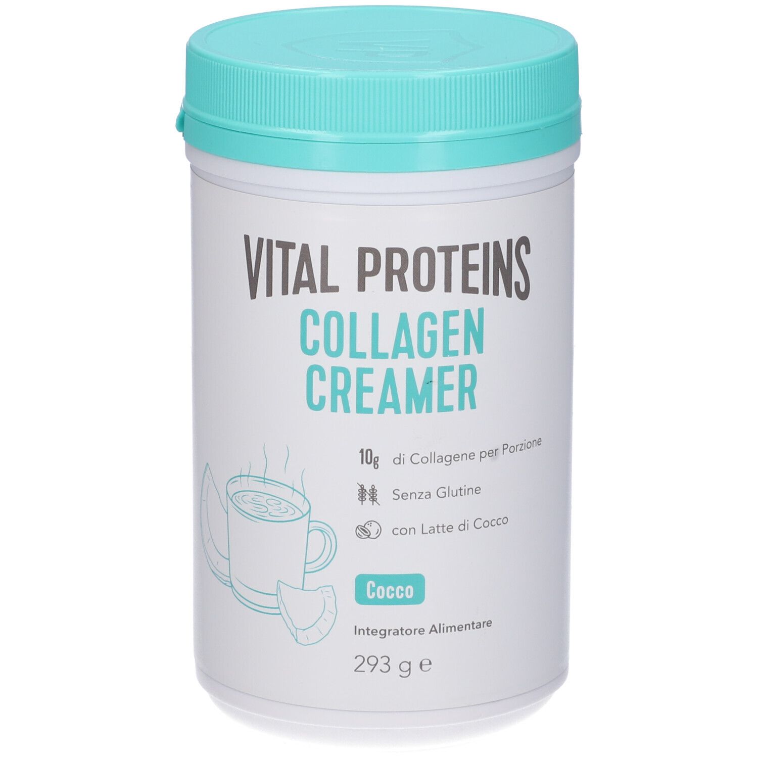 Barattolo bianco, coperchio blu. Scritta: Vital Proteins Collagen Creamer. Illustrazione: tazza, cocco. Testo: 10g collagene, senza glutine, latte di cocco.