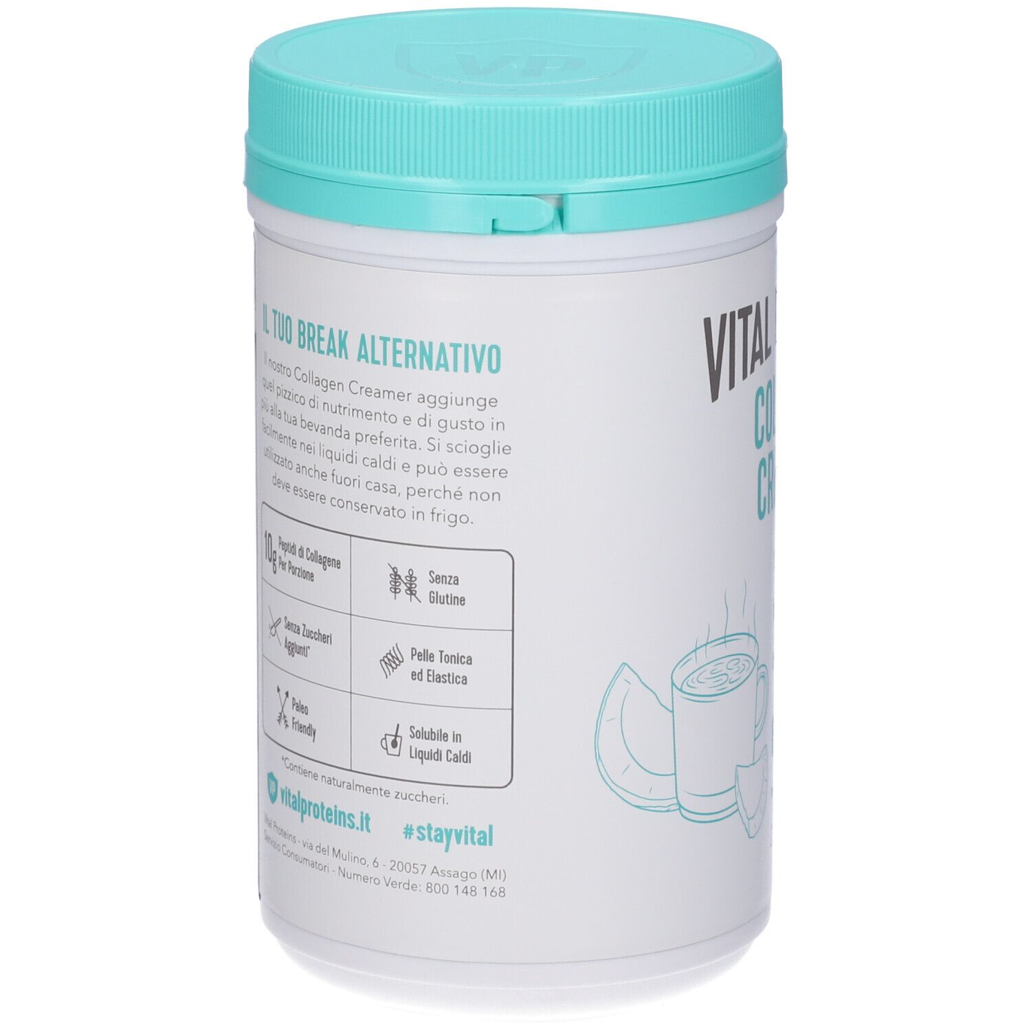Retro del barattolo bianco, coperchio blu. Testo: Vital Proteins Collagen Creamer. Illustrazione: tazza, cocco. Testo: 10g collagene, senza glutine.
