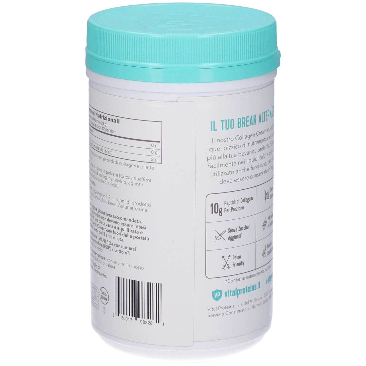 Retro del barattolo bianco, coperchio blu. Testo: Vital Proteins Collagen Creamer. Testo: 10g collagene per porzione, senza glutine, senza zuccheri aggiunti.