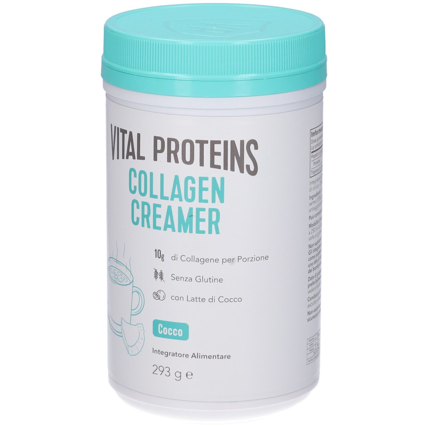Barattolo bianco, coperchio blu. Scritta: Vital Proteins Collagen Creamer. Illustrazione: tazza, cocco. Testo: 10g collagene, senza glutine, latte di cocco.