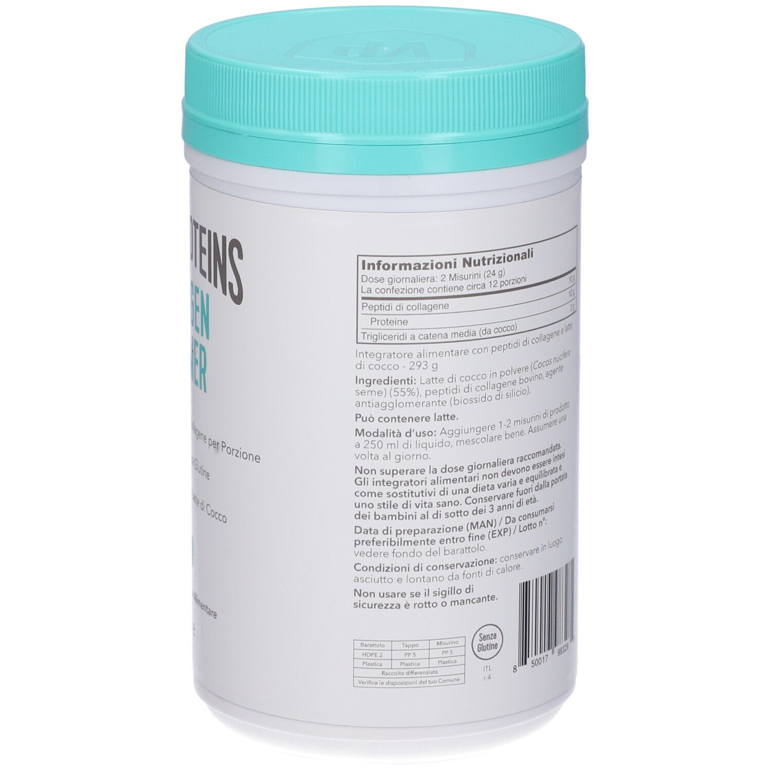 Retro del barattolo bianco, coperchio blu. Testo: Vital Proteins Collagen Creamer. Informazioni nutrizionali. Testo: 10g collagene per porzione, senza glutine.