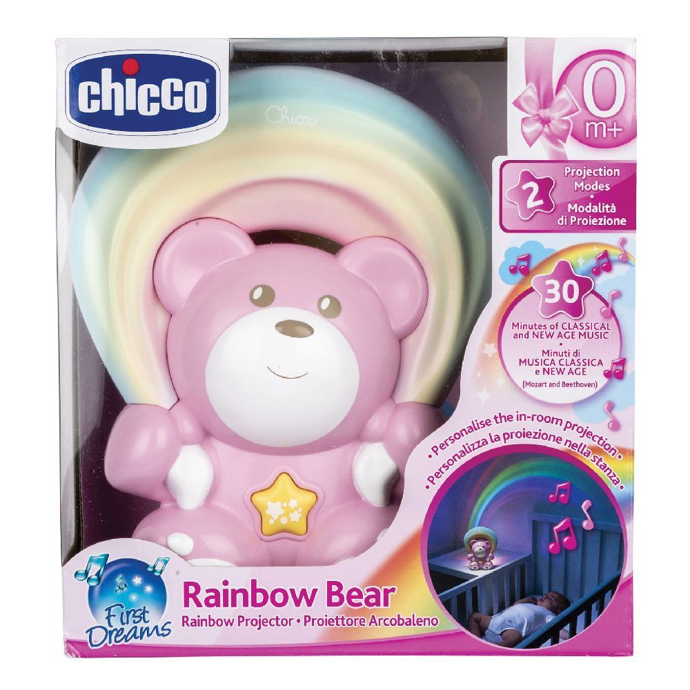 Proiettore orsetto rosa con arcobaleno. Confezione con nome prodotto e marchio Chicco. 0m+.