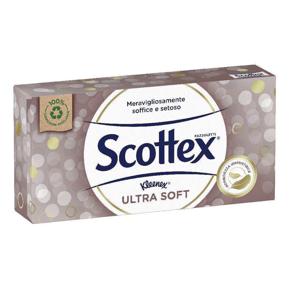 Confezione di fazzoletti Scottex Ultra Soft. Imballaggio con motivo circolare e logo. Scritta in italiano.