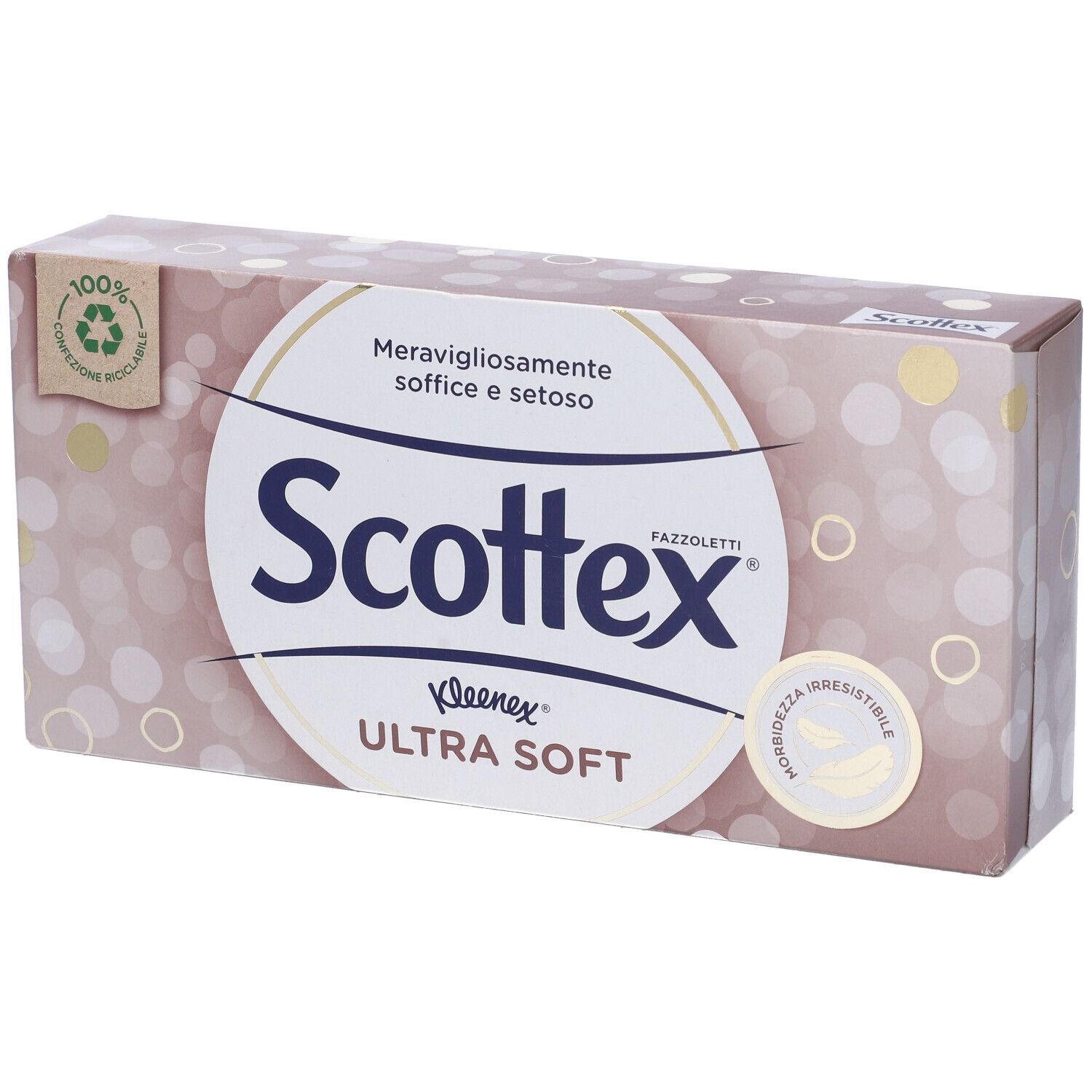 Confezione di fazzoletti Scottex Ultra Soft. Imballaggio con motivo circolare e logo. Scritta in italiano.
