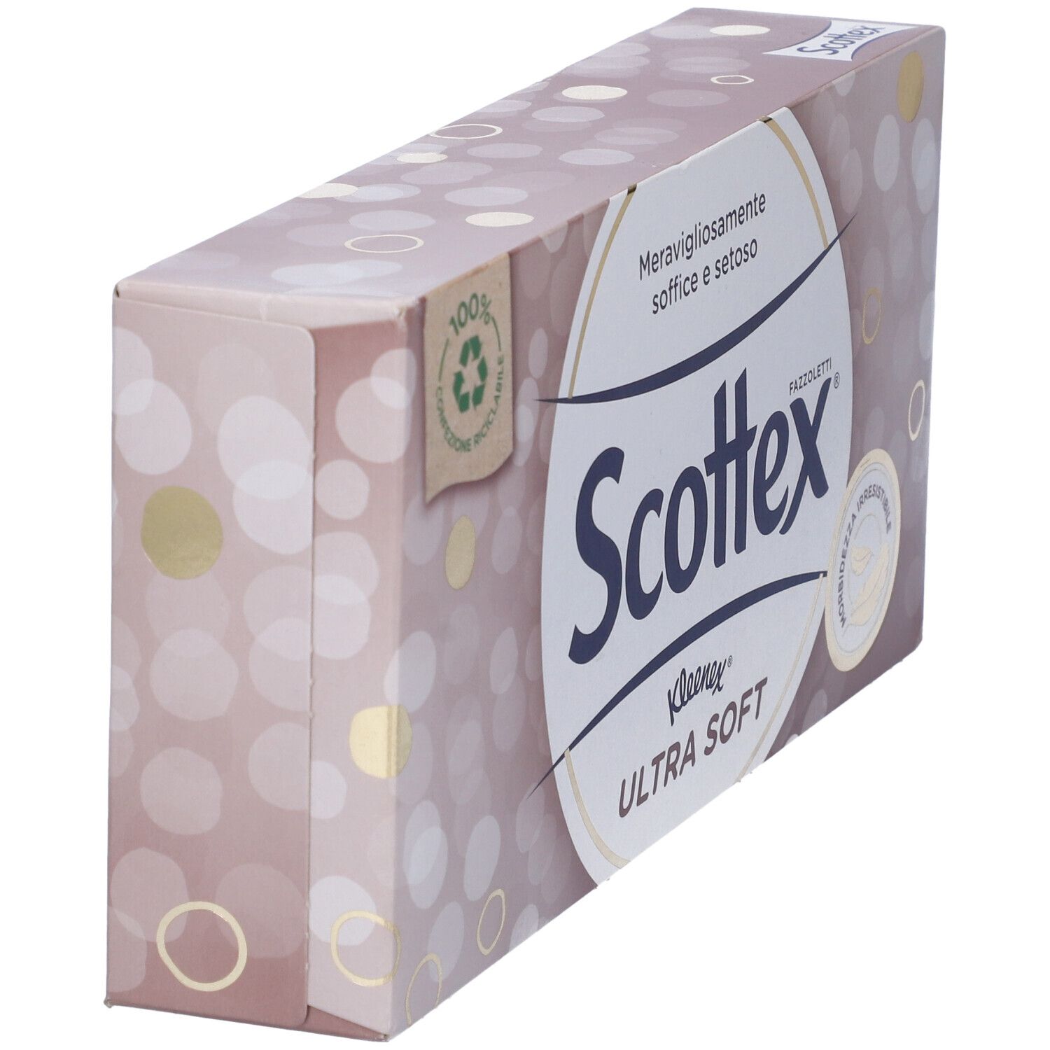 Confezione di fazzoletti Scottex Ultra Soft. Imballaggio con motivo circolare e logo. Scritta in italiano.