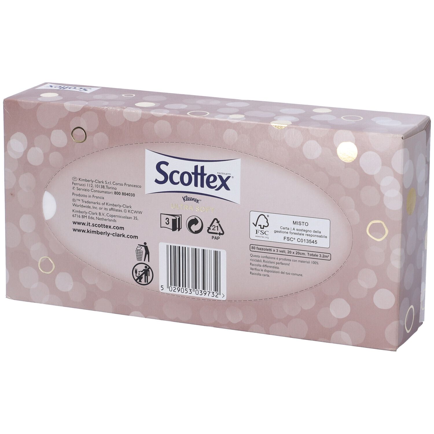 Retro della scatola di fazzoletti. Informazioni su produttore, ingredienti e riciclo.