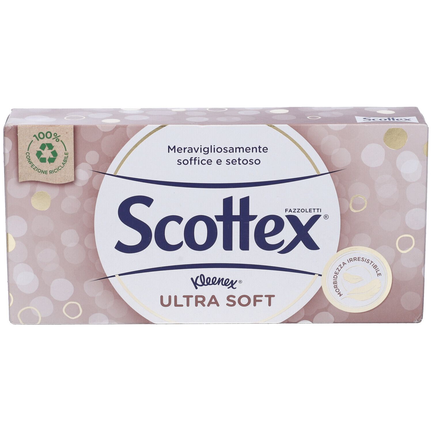Confezione di fazzoletti Scottex Ultra Soft. Imballaggio con motivo circolare e logo. Scritta in italiano.