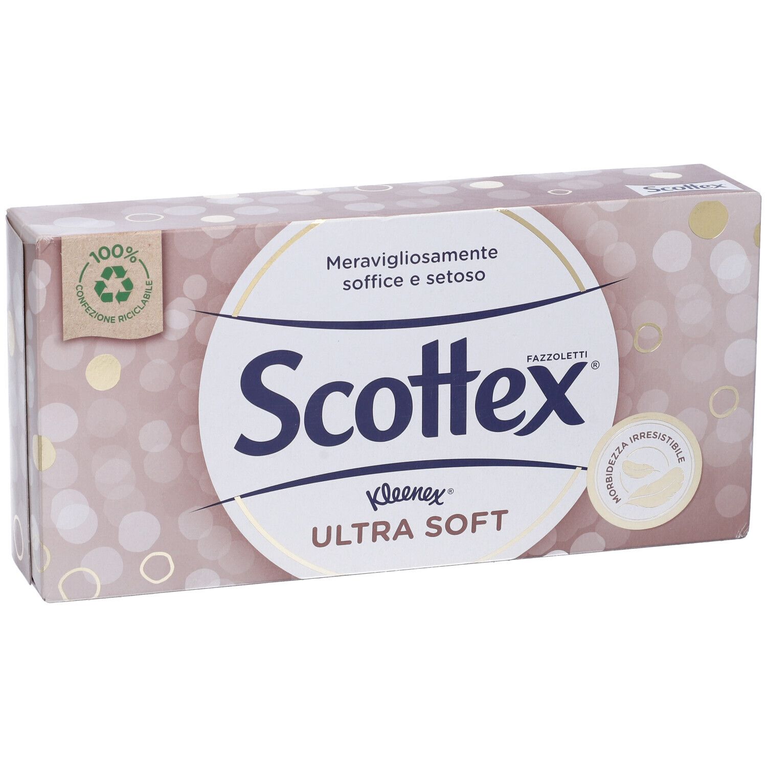 Confezione di fazzoletti Scottex Ultra Soft. Imballaggio con motivo circolare e logo. Scritta in italiano.