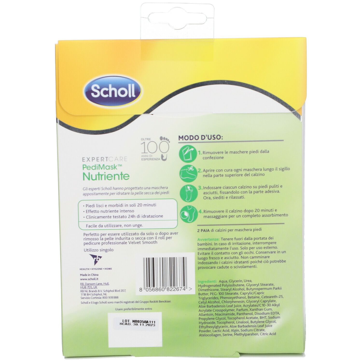 Retro della confezione Scholl PediMask. Contiene informazioni sul prodotto, istruzioni per l'uso e ingredienti.