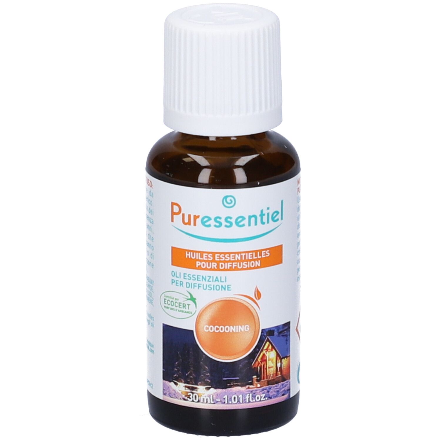 Flacone di vetro marrone, tappo bianco. Etichetta con marchio Puressentiel, nome Cocooning. Certificazione Ecocert.
