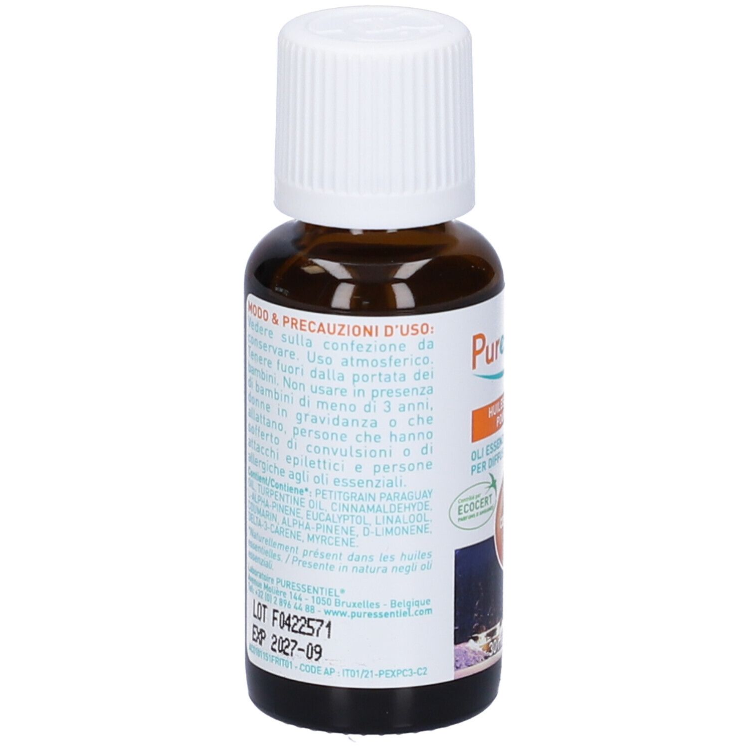 Flacone di vetro marrone, tappo bianco. Etichetta con avvertenze e ingredienti. Marchio Puressentiel.
