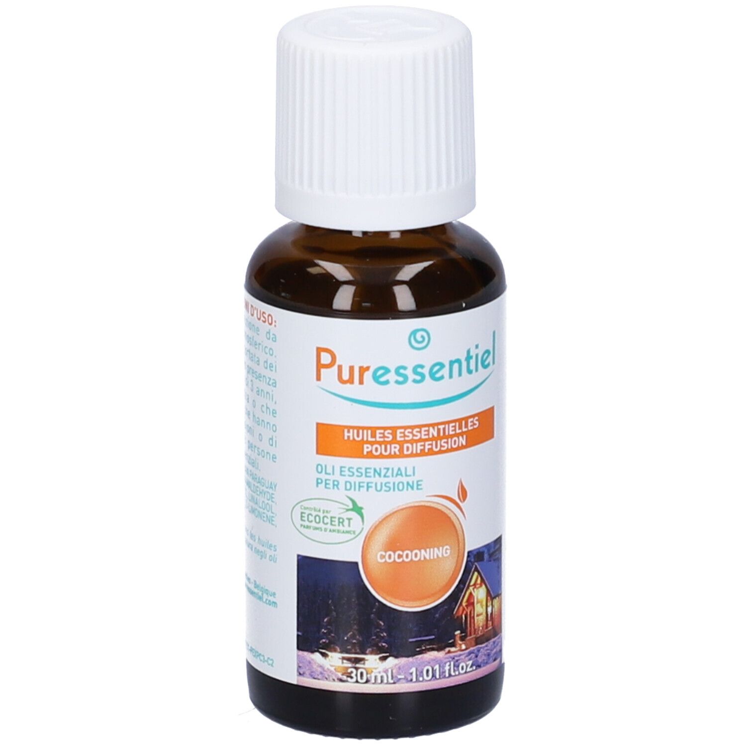 Flacone di vetro marrone, tappo bianco. Etichetta con marchio Puressentiel, nome Cocooning. Certificazione Ecocert.