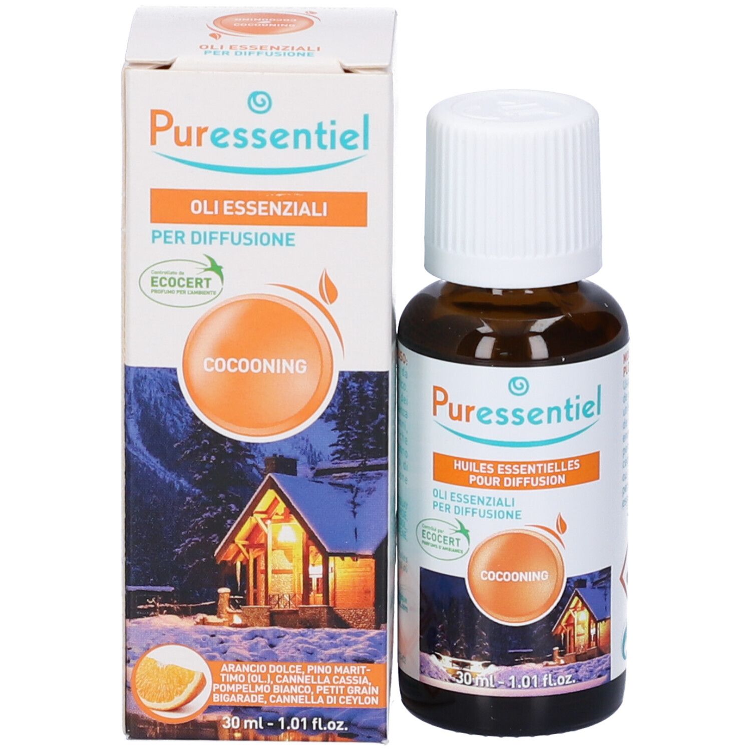 Flacone e confezione del prodotto. Marchio Puressentiel, nome Cocooning. Certificazione Ecocert. 30 ml.