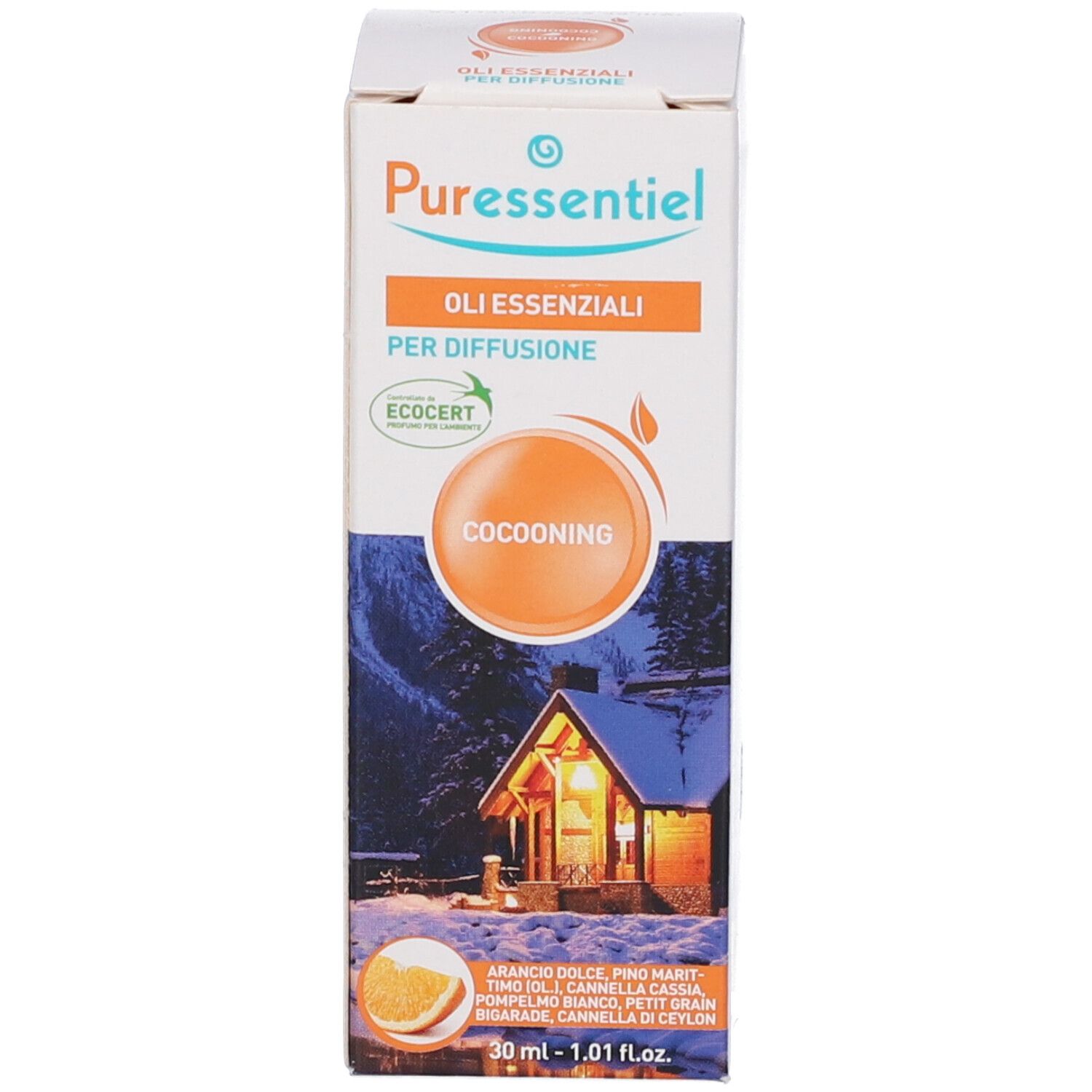 Confezione del prodotto. Marchio Puressentiel, nome Cocooning. Certificazione Ecocert. 30 ml.