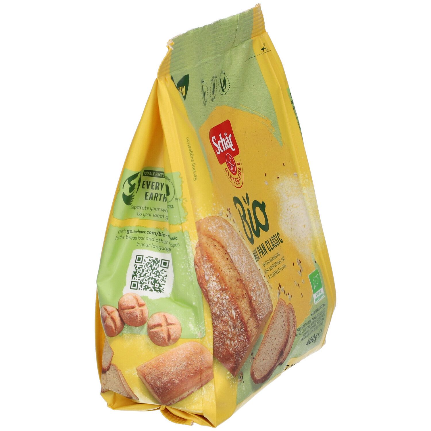 Confezione gialla. Schär Bio Mix Pan Classic. Miscela per pane. 400g. Certificazione bio. Vegano, senza frumento.