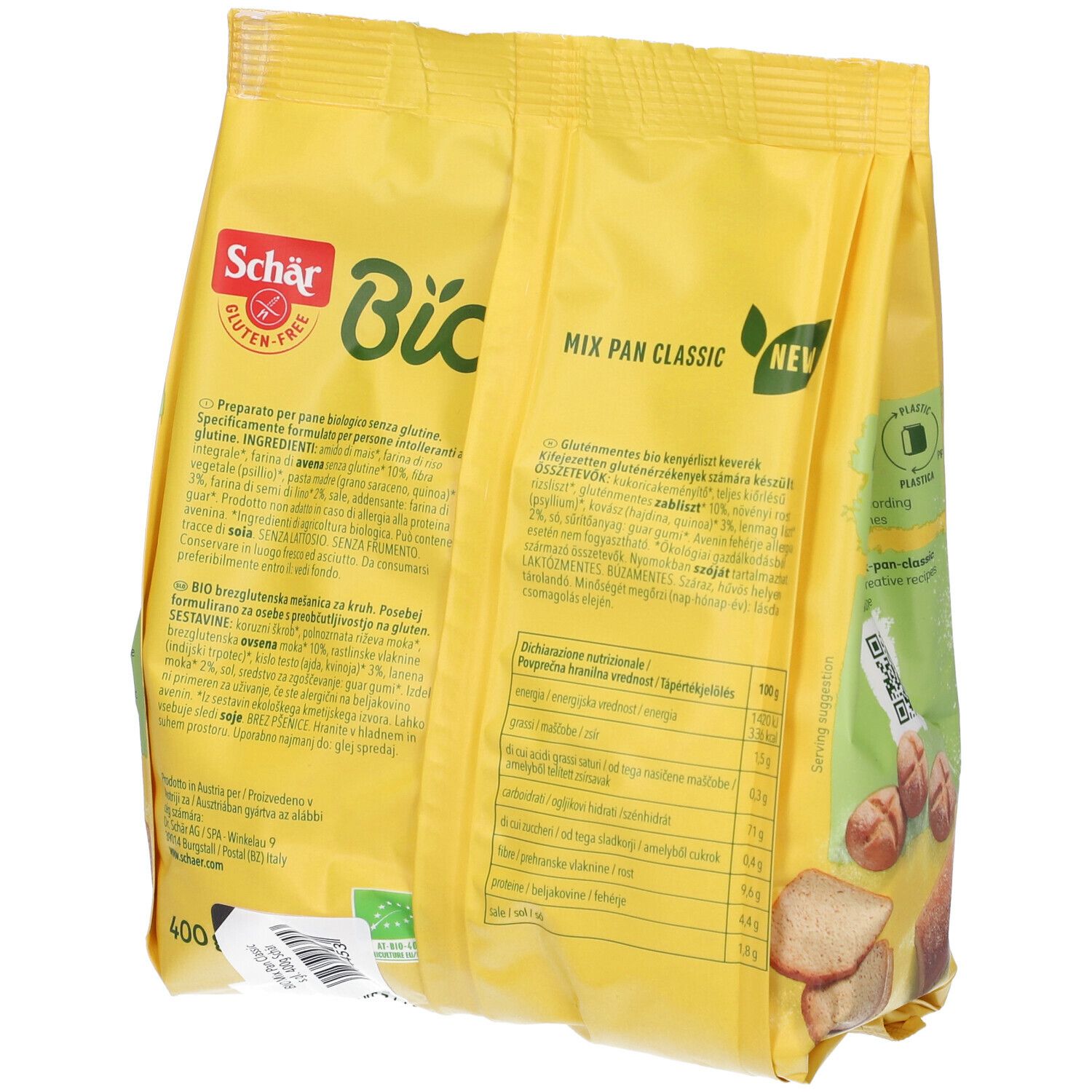 Retro della confezione gialla. Schär Bio Mix Pan Classic. Elenco ingredienti, informazioni nutrizionali. 400g.