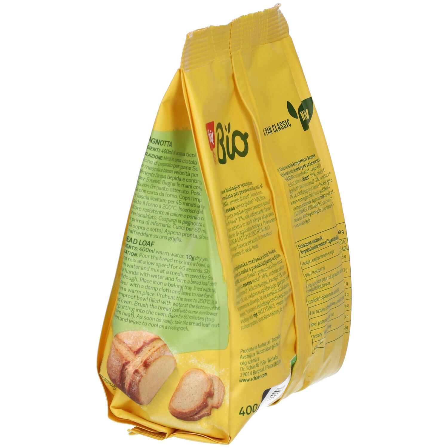 Confezione gialla. Schär Bio Mix Pan Classic. Miscela per pane. 400g. Istruzioni per la preparazione. Certificazione bio.