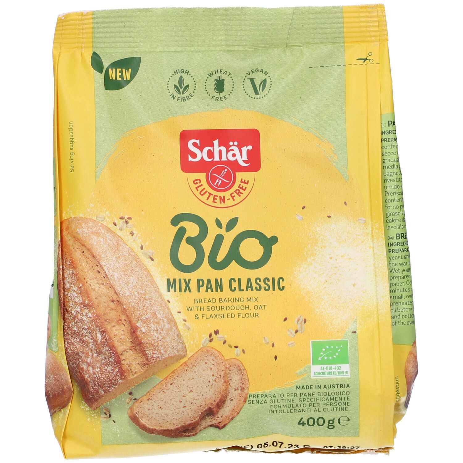 Confezione gialla. Schär Gluten-Free Bio Mix Pan Classic. Miscela per pane. 400g. Senza glutine, vegano, senza frumento.