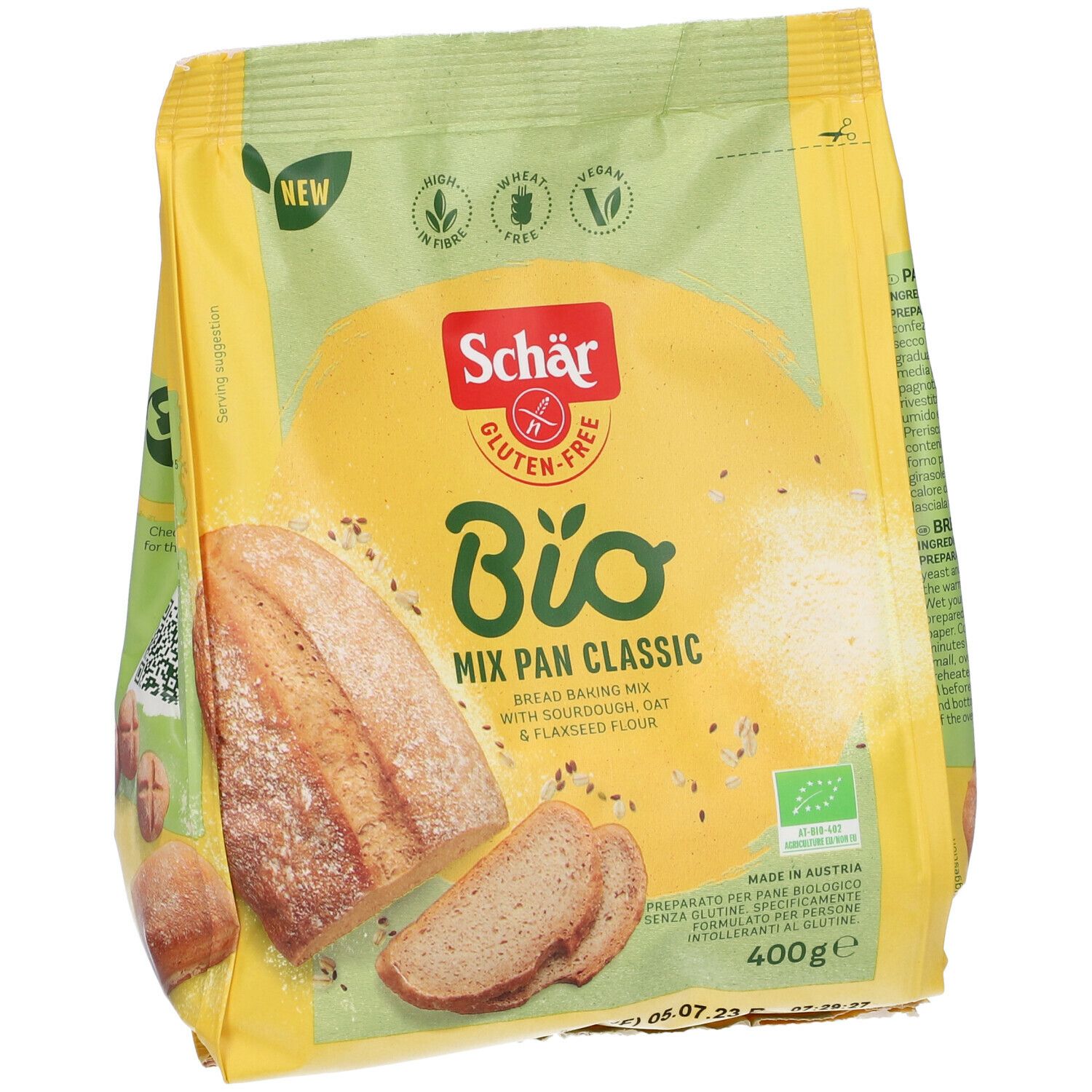 Confezione gialla. Schär Gluten-Free Bio Mix Pan Classic. Miscela per pane. 400g. Senza glutine, vegano, senza frumento.