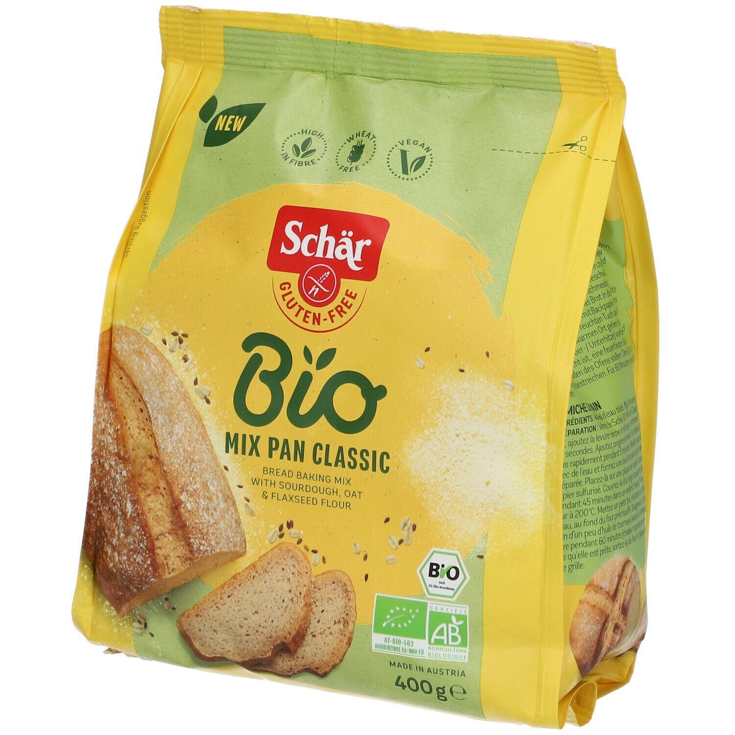 Confezione gialla. Schär Gluten-Free Bio Mix Pan Classic. Miscela per pane. 400g. Certificazione bio.