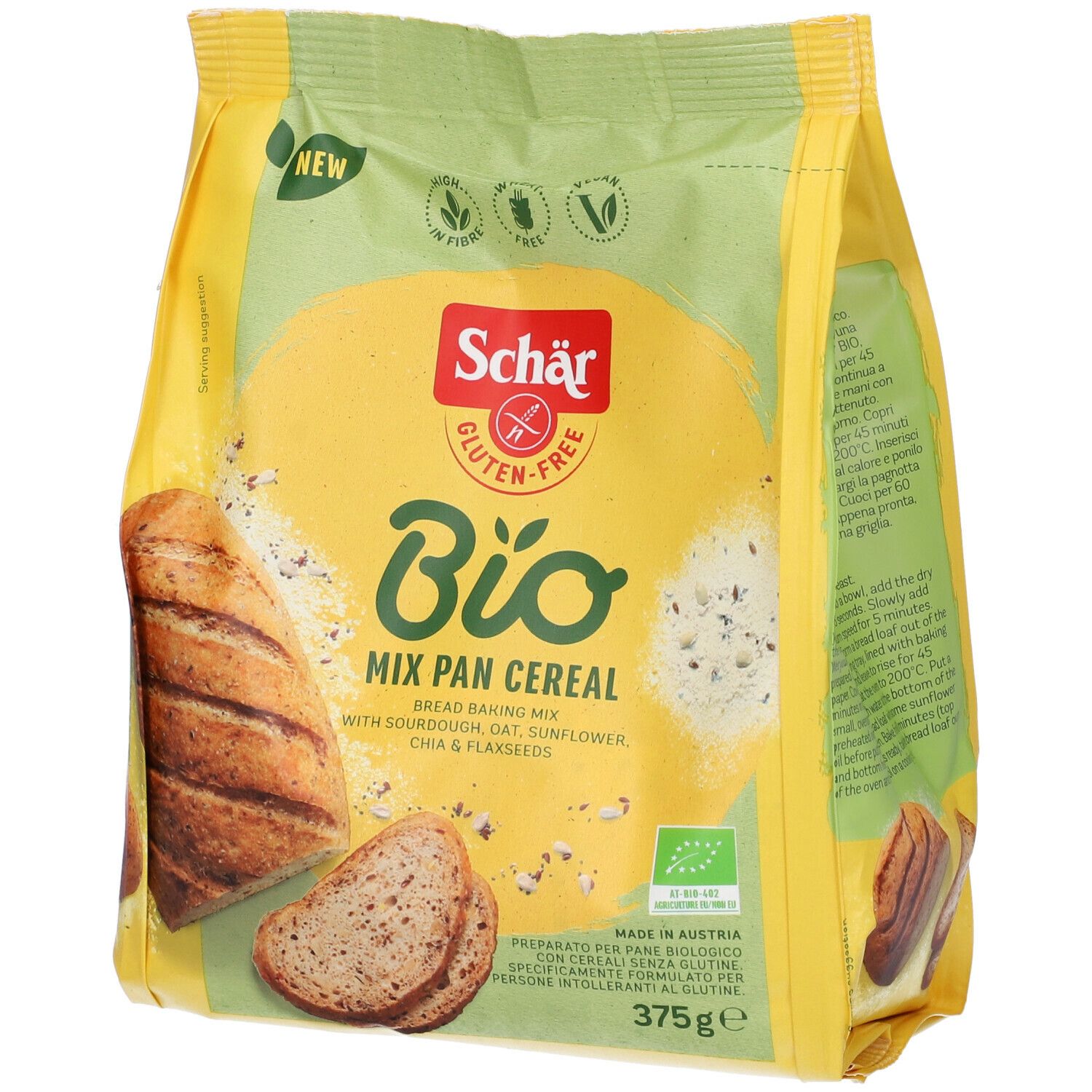 Confezione gialla di Schar Bio Mix Pan Cereal. Senza glutine. Miscela per pane con lievito madre, avena, girasole, chia e semi di lino. 375g.