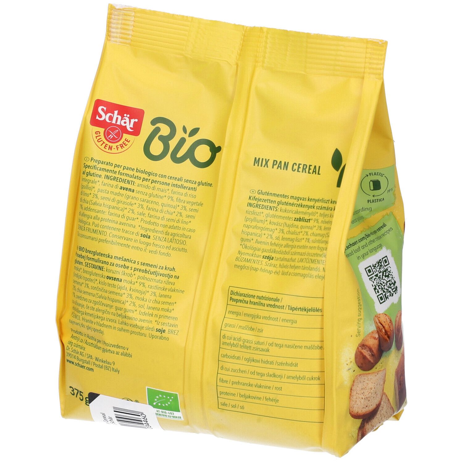 Confezione gialla di Schar Bio Mix Pan Cereal. Retro con testo in diverse lingue. Contiene informazioni sugli ingredienti e nutrizionali.