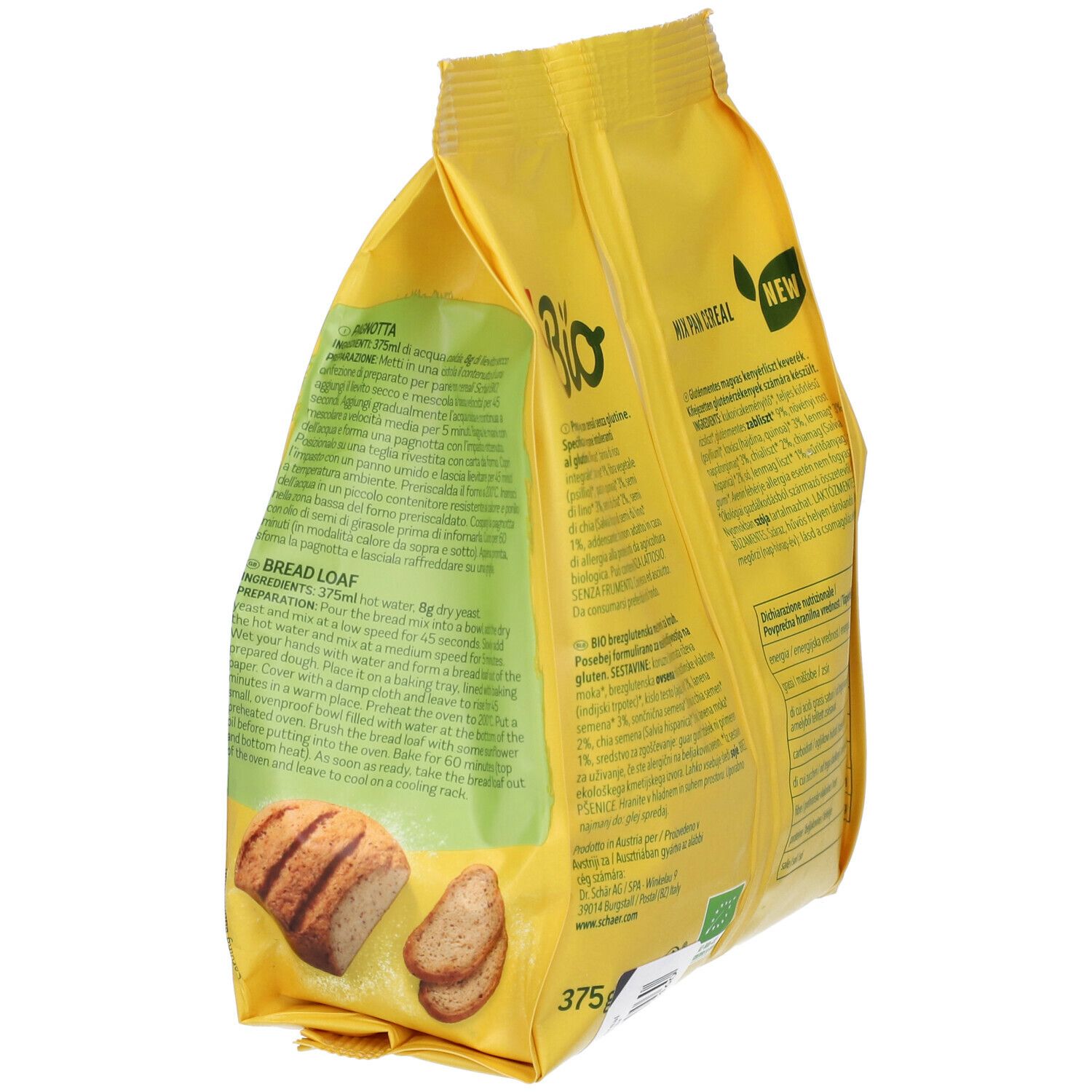 Confezione gialla di Schar Bio Mix Pan Cereal. Retro con testo e immagini di pane. Contiene informazioni sulla preparazione.