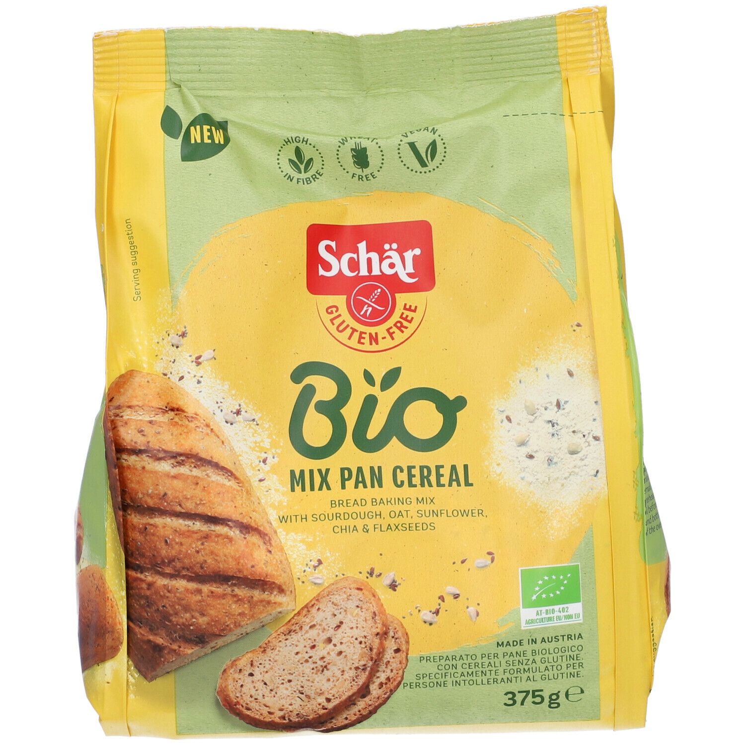 Confezione gialla di Schar Bio Mix Pan Cereal. Senza glutine. Miscela per pane con lievito madre, avena, girasole, chia e semi di lino. 375g.