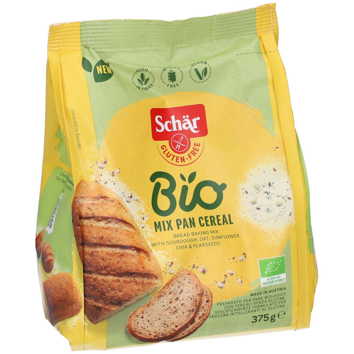 Confezione gialla di Schar Bio Mix Pan Cereal. Senza glutine. Miscela per pane con lievito madre, avena, girasole, chia e semi di lino. 375g.