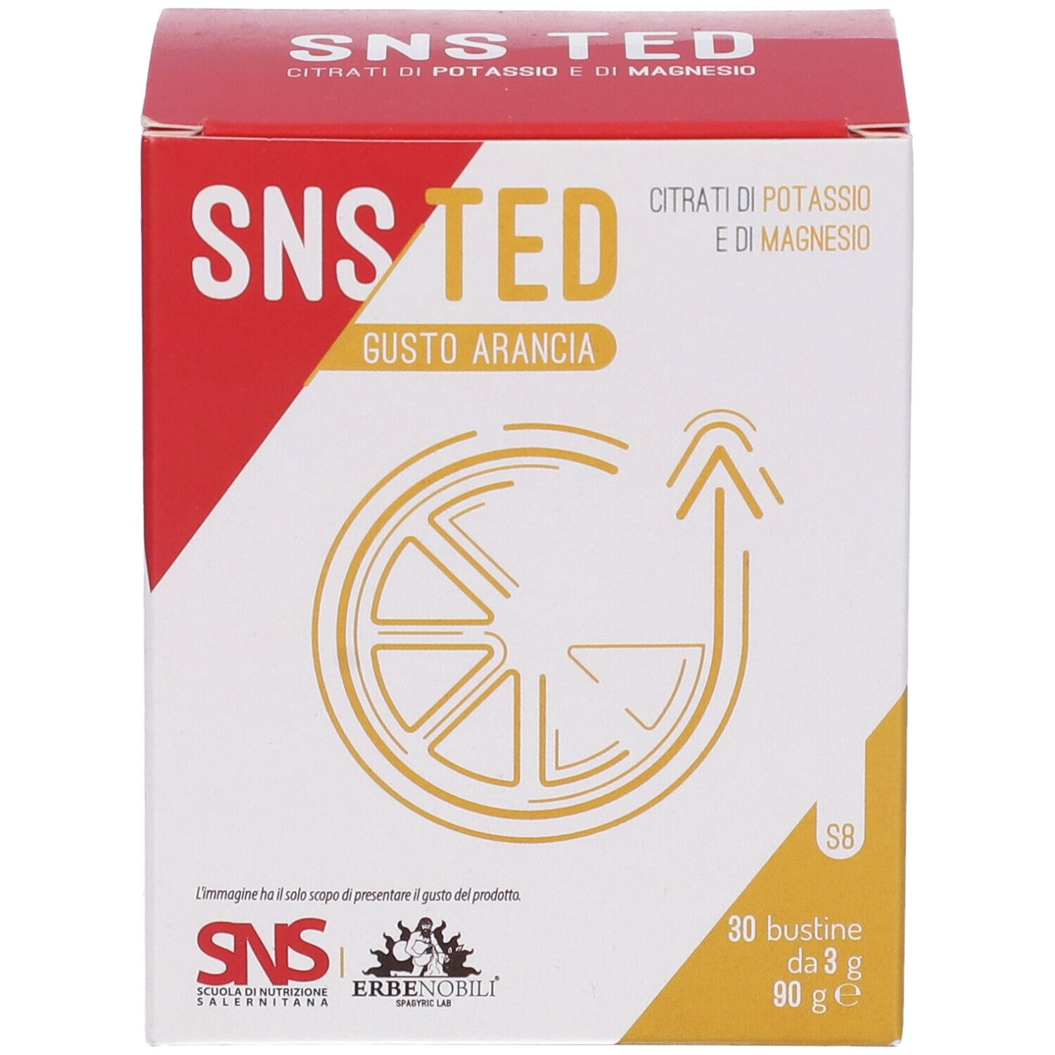 Scatola SNS TED, gusto arancia. Contiene 30 bustine. Scritto: Citrati di Potassio e di Magnesio.
