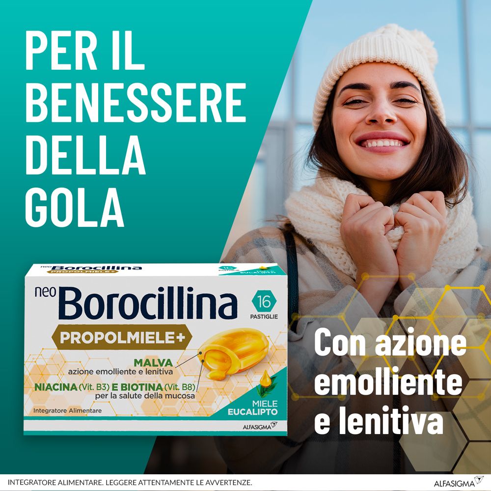 Frau mit Schal lächelt. Aufschrift: neo Borocillina Propolmiele+. Enthält 16 Pastillen. Text: Für das Wohlbefinden des Rachens.