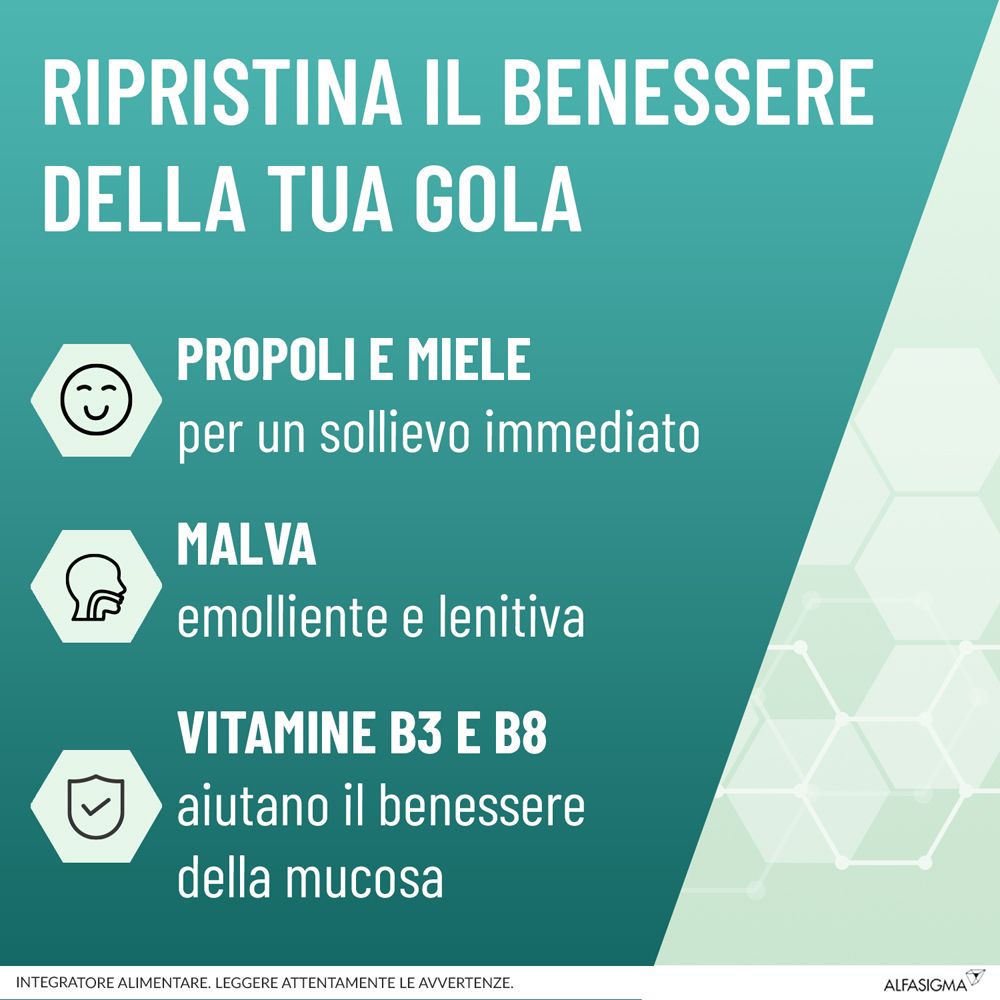 Text auf blauem Hintergrund. Propoli und Honig, Malve, Vitamine B3 und B8. Für sofortige Linderung und Schleimhautgesundheit.