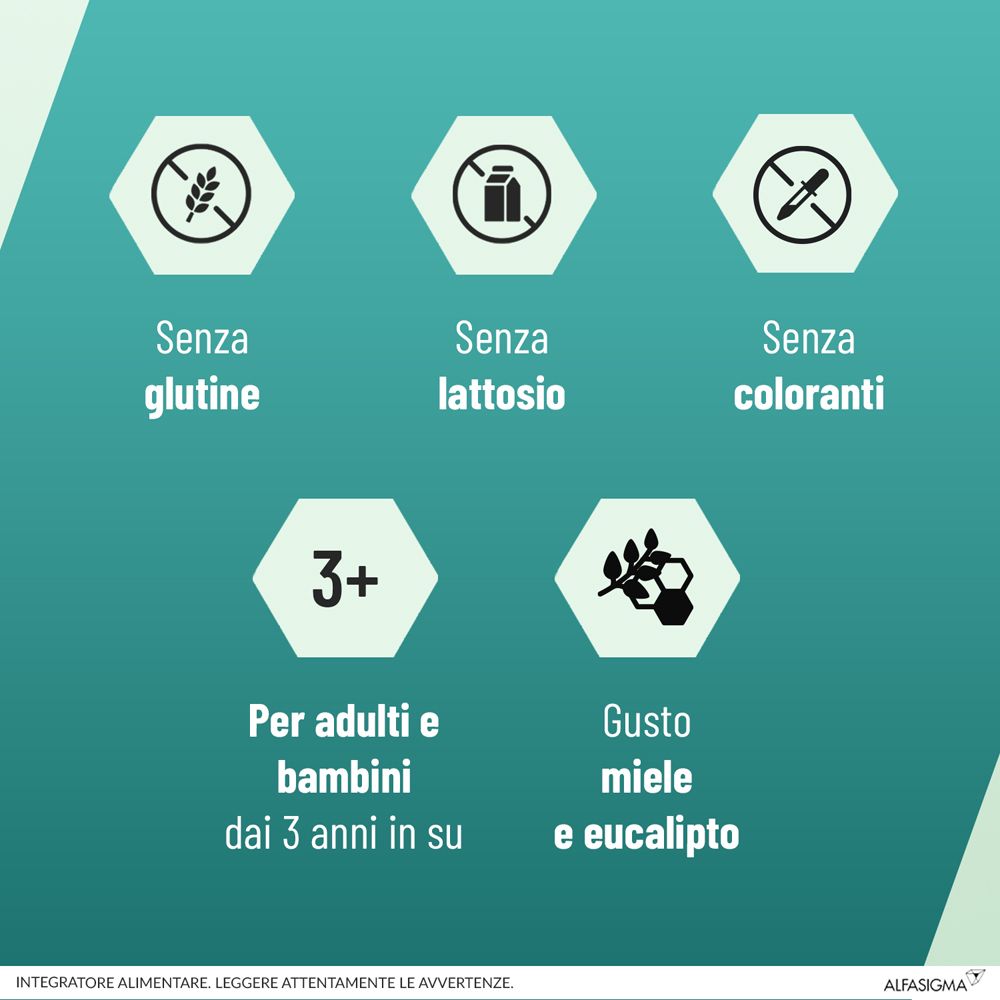 Symbole: Glutenfrei, laktosefrei, ohne Farbstoffe. Für Erwachsene und Kinder ab 3 Jahren. Honig-Eukalyptus-Geschmack.