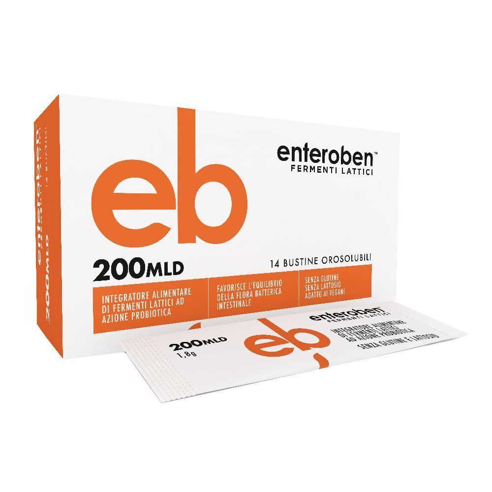 Scatola bianca con logo 'eb' arancione e nome 'Enteroben'. Contiene 14 bustine. Testo: '200Mld'.