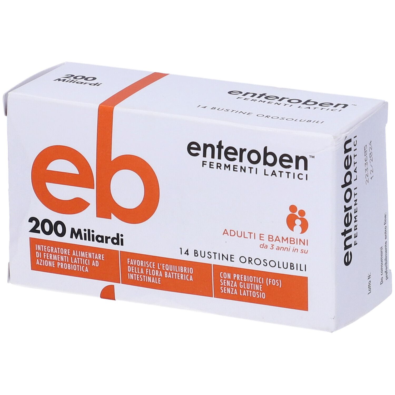 Scatola bianca con logo 'eb' arancione e 'Enteroben'. Contiene 14 bustine. Testo: '200 Miliardi'. Per adulti e bambini dai 3 anni.