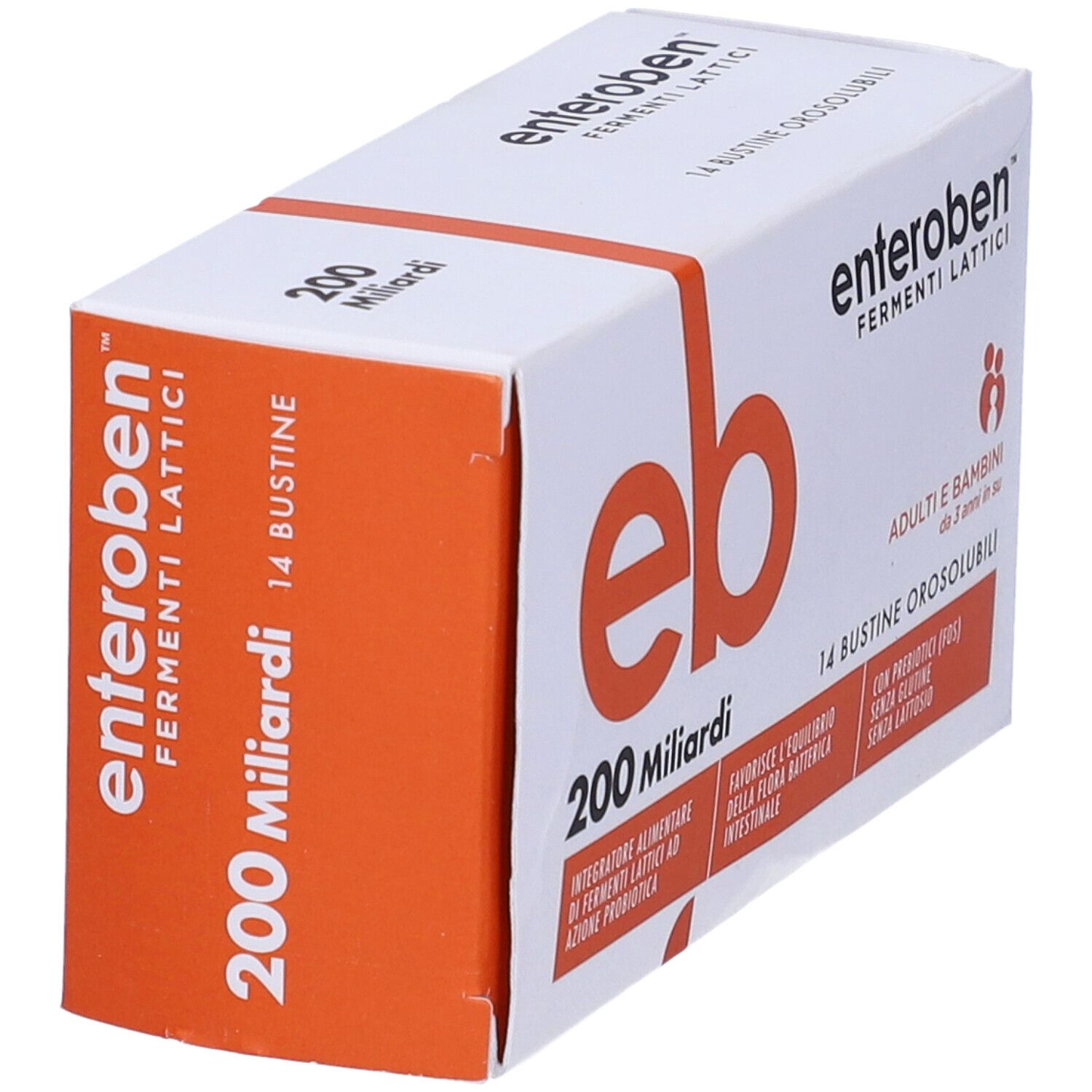 Scatola con logo 'eb' arancione e 'Enteroben'. Contiene 14 bustine. Testo: '200 Miliardi'. Per adulti e bambini dai 3 anni.