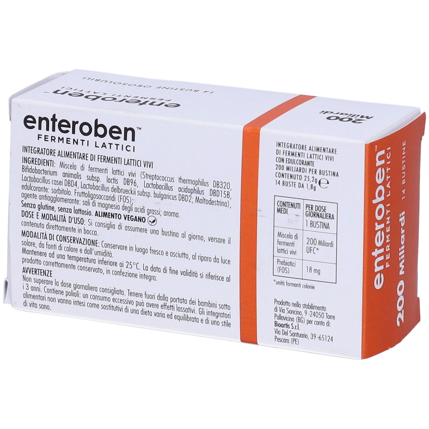 Scatola con 'Enteroben' e testo. Contiene 14 bustine. Retro con ingredienti e dosaggio. Testo: '200 Miliardi'.