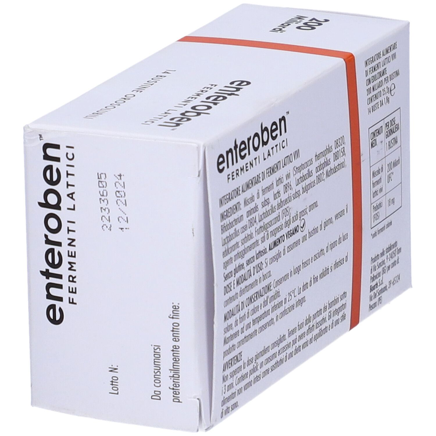 Scatola con 'Enteroben' e testo. Contiene 14 bustine. Retro con ingredienti e dosaggio. Testo: '200 Miliardi'.