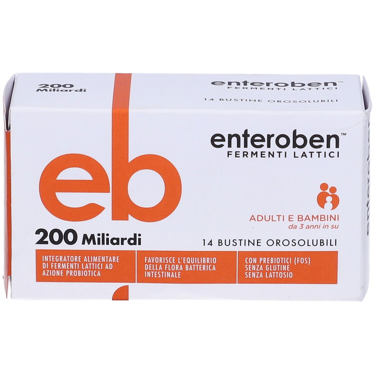 Scatola bianca con logo 'eb' arancione e 'Enteroben'. Contiene 14 bustine. Testo: '200 Miliardi'. Per adulti e bambini dai 3 anni.