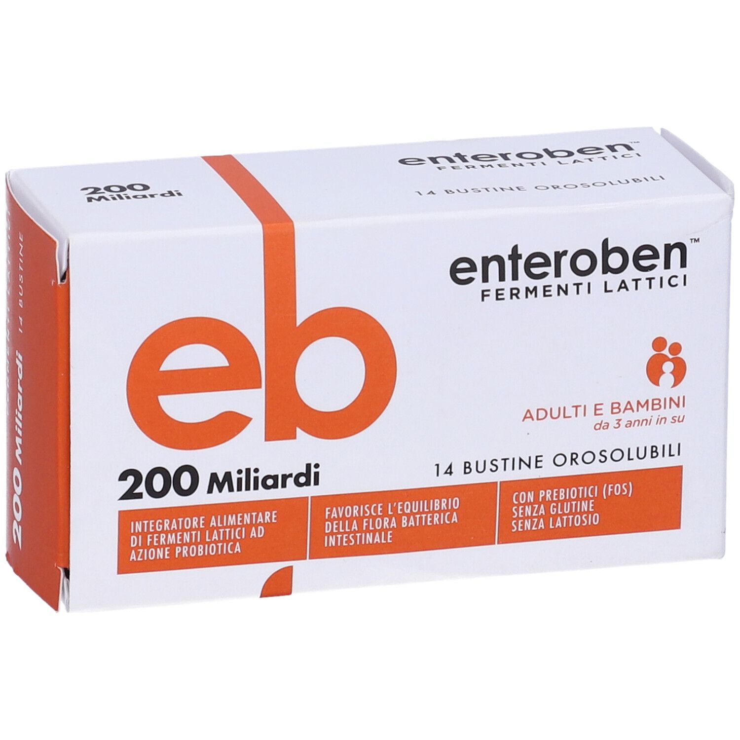 Scatola bianca con logo 'eb' arancione e 'Enteroben'. Contiene 14 bustine. Testo: '200 Miliardi'. Per adulti e bambini dai 3 anni.