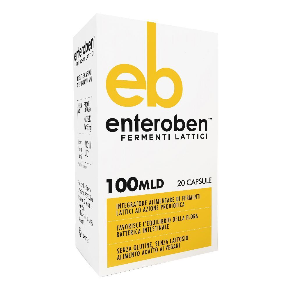 Scatola bianca con logo e testo giallo. Contiene capsule. Scritto: Enteroben, Fermenti Lattici, 20 Capsule Vegetali.