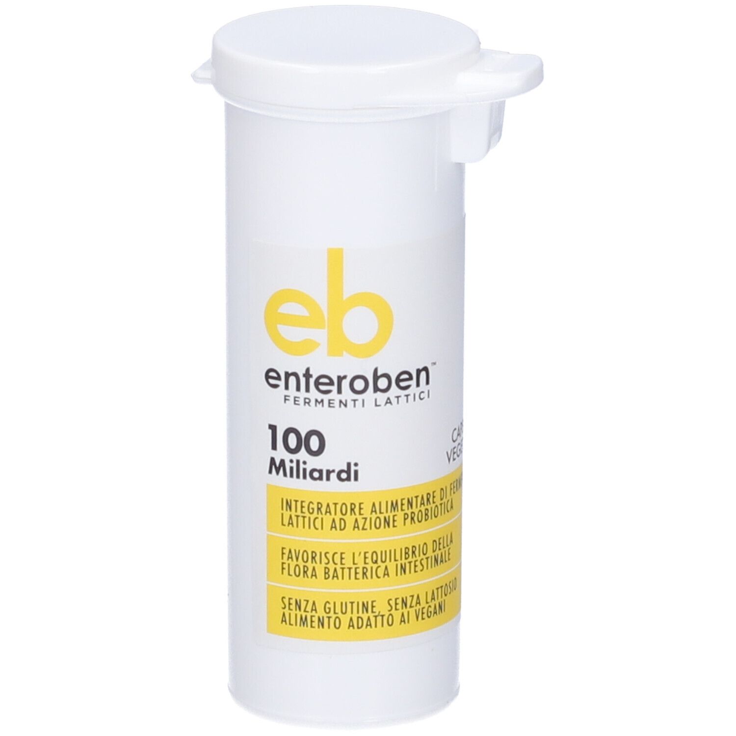 Contenitore cilindrico bianco con logo e testo gialli. Contiene capsule. Scritto: Enteroben, Fermenti Lattici, 100 Miliardi.