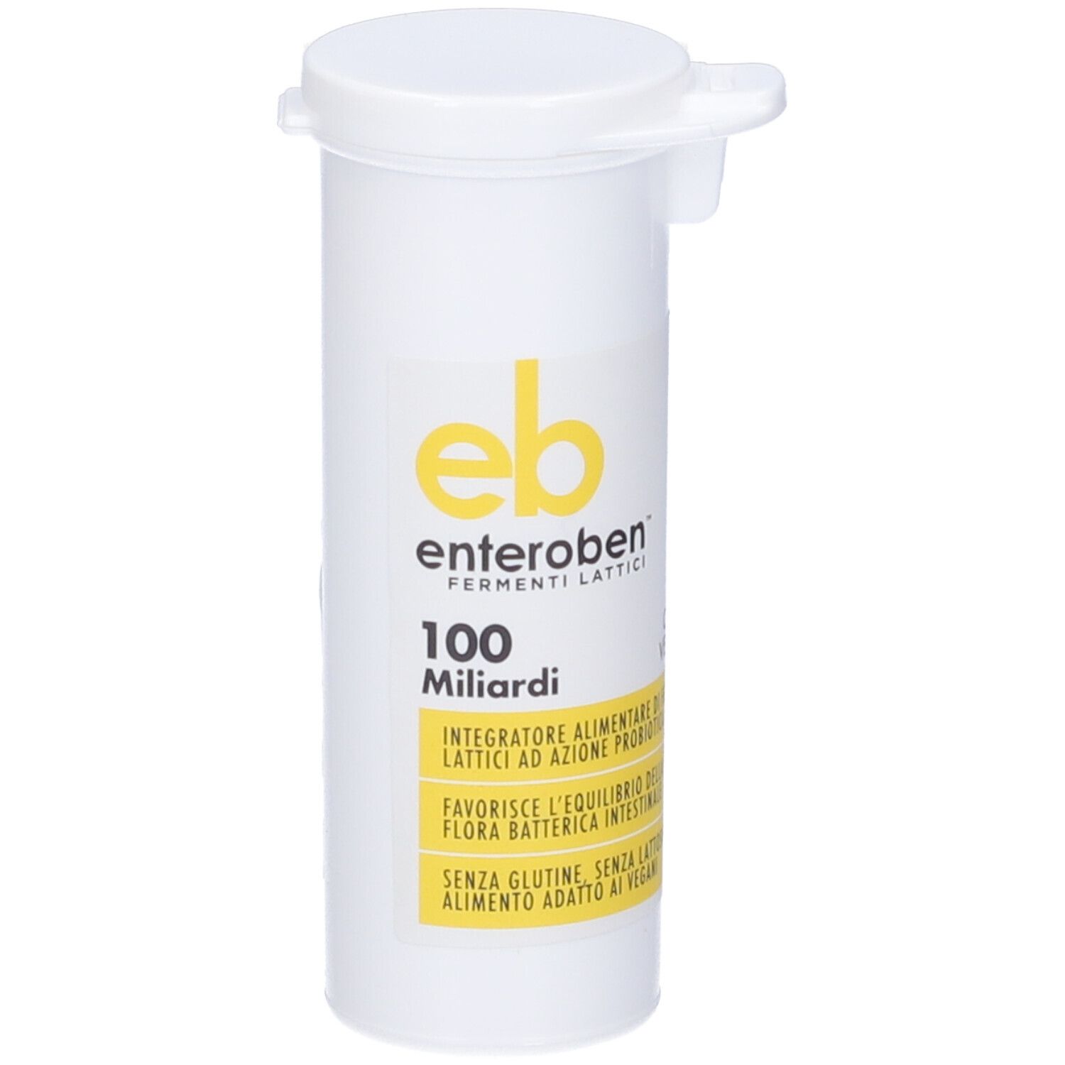 Contenitore cilindrico bianco con logo e testo gialli. Contiene capsule. Scritto: Enteroben, Fermenti Lattici, 100 Miliardi.