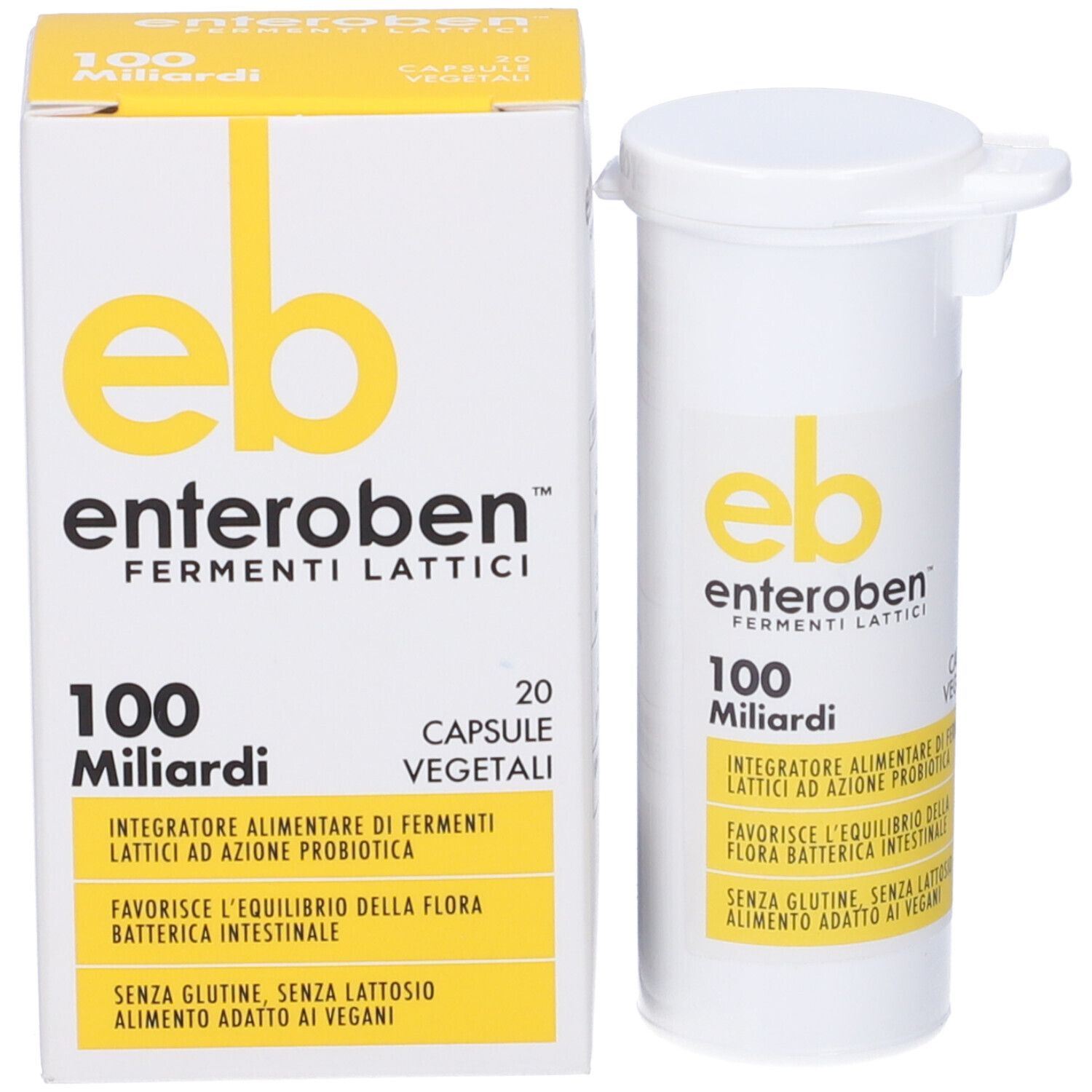 Scatola e contenitore bianchi con logo e testo gialli. Contiene capsule. Scritto: Enteroben, Fermenti Lattici, 100 Miliardi.