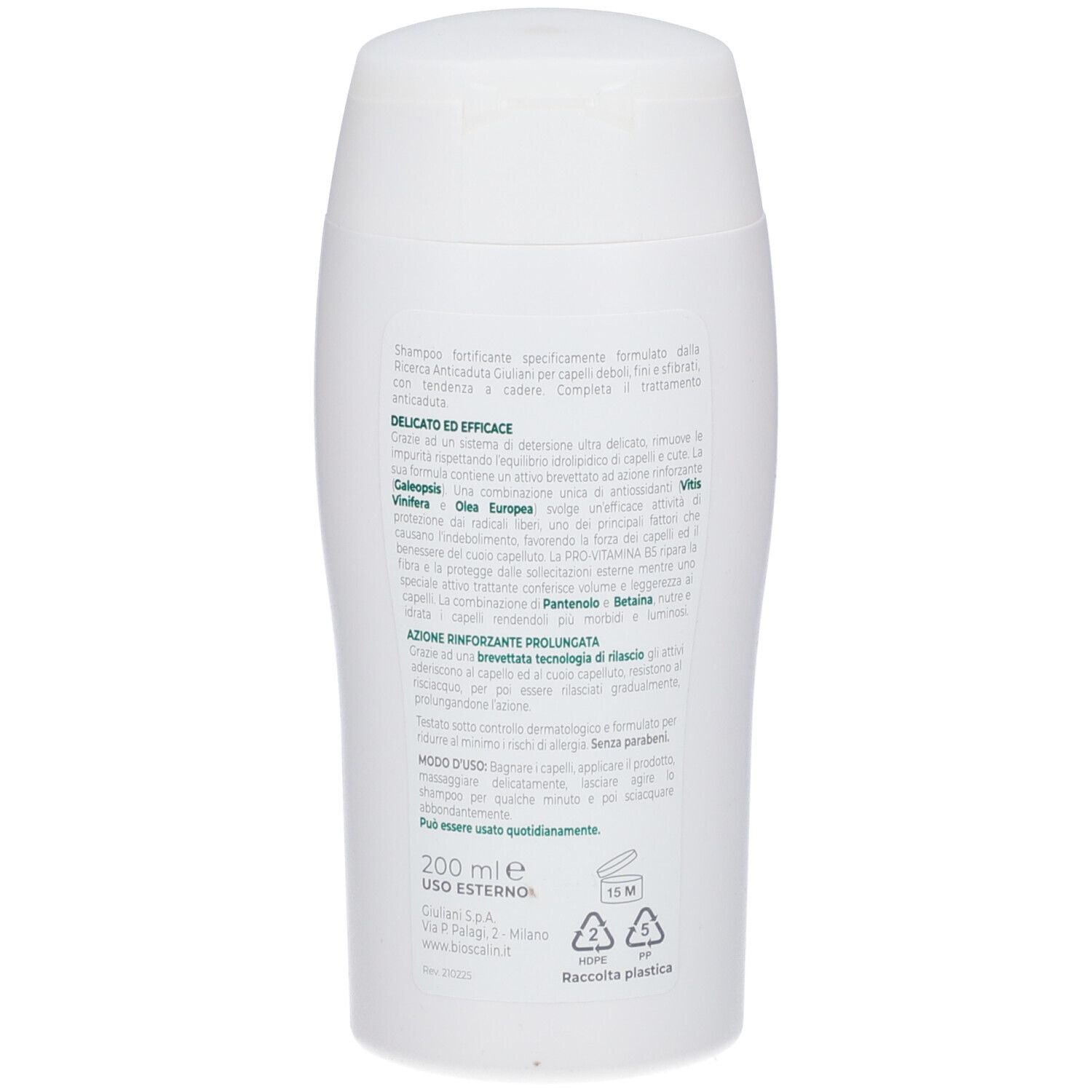 Retro di un flacone di shampoo bianco. Testo: 200 ml, Uso Esterno. Simboli di riciclaggio. Ingredienti e informazioni del produttore.