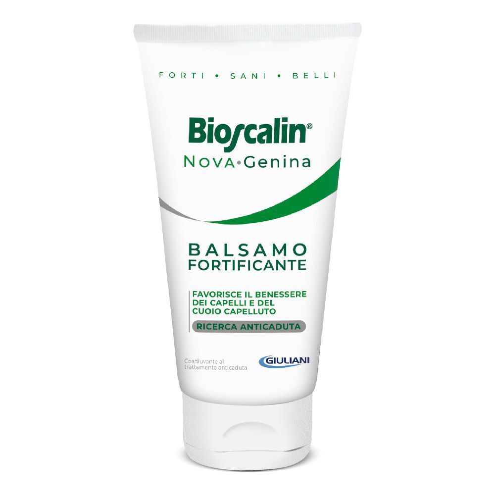 Tubo bianco con stampa verde. Scritta Bioscalin, Nova Genina, Balsamo Fortificante. Logo Giuliani.