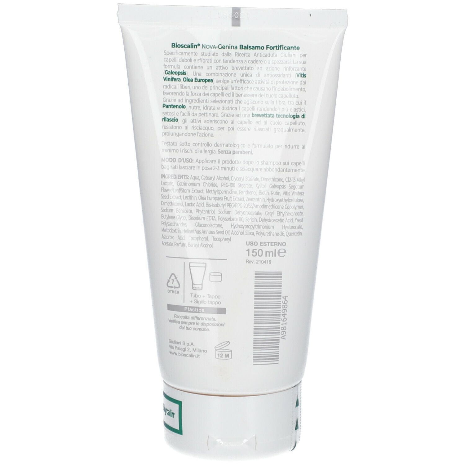 Retro di un tubo bianco. Testo con ingredienti e informazioni del produttore. 150 ml.